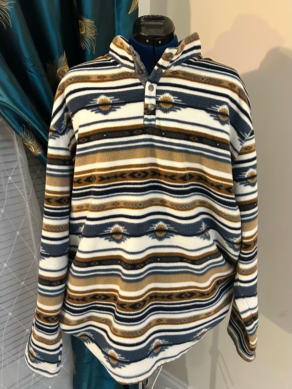 ROWM Striped Fleece Pullover Hoodie in Navy, Cream & Brown SIZE 3XT